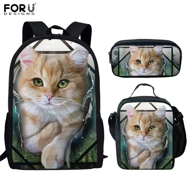 Student School Backpacks with 3D Cat Pattern, Laptop Backpack or Backpack, Lunch Bag, Pencil Case, Popular Harajuku, New, 3PCs