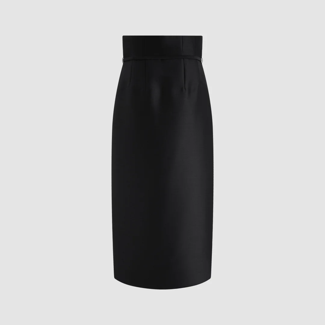 2026 Black High-Waisted Wrap Midi Skirt with White Contrast Hem & Belted Waist