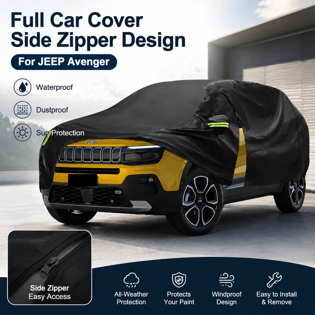 Waterproof Dustproof Sun Protection Outdoor Full Car Cover Side Zipper Design For JEEP Avenger Auto Exterior Accessory