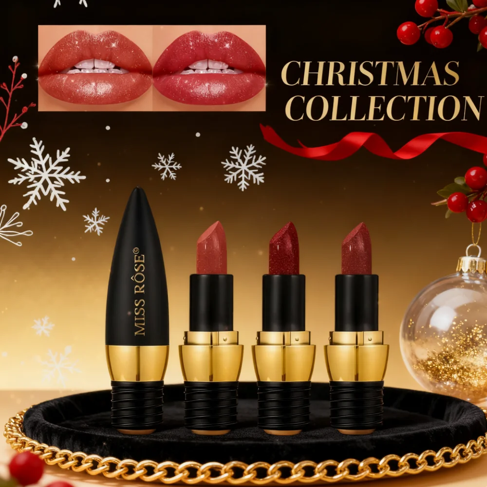 Lápiz labial de terciopelo brillante negro de 3 colores, lápiz labial de diamante mate de larga duración resistente al agua de Metal, cosméticos para mujer