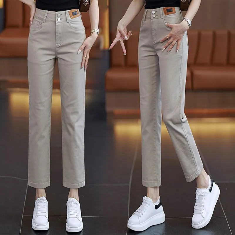 

New Milk Tea Color Women's Cigarette Tube Jeans 2025 Spring Autumn High Waist Slim Female Pants Straight Cowboy Casual Pants