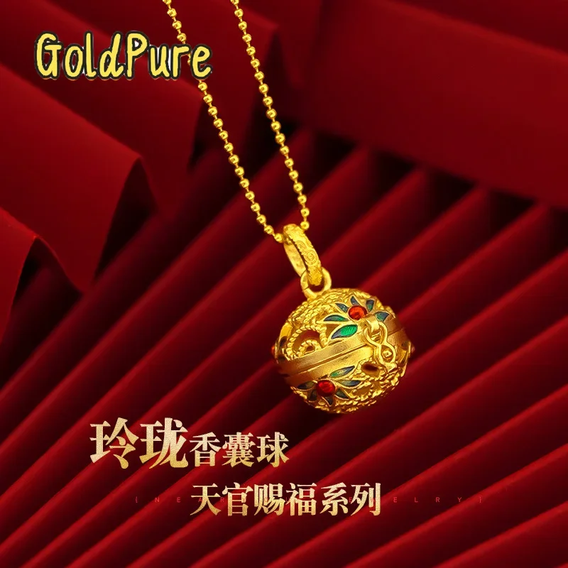 

Goldpure 9999 24K real gold antique style blue burning sachet enamel pendant for women ethnic hollow incense burner pendant forg
