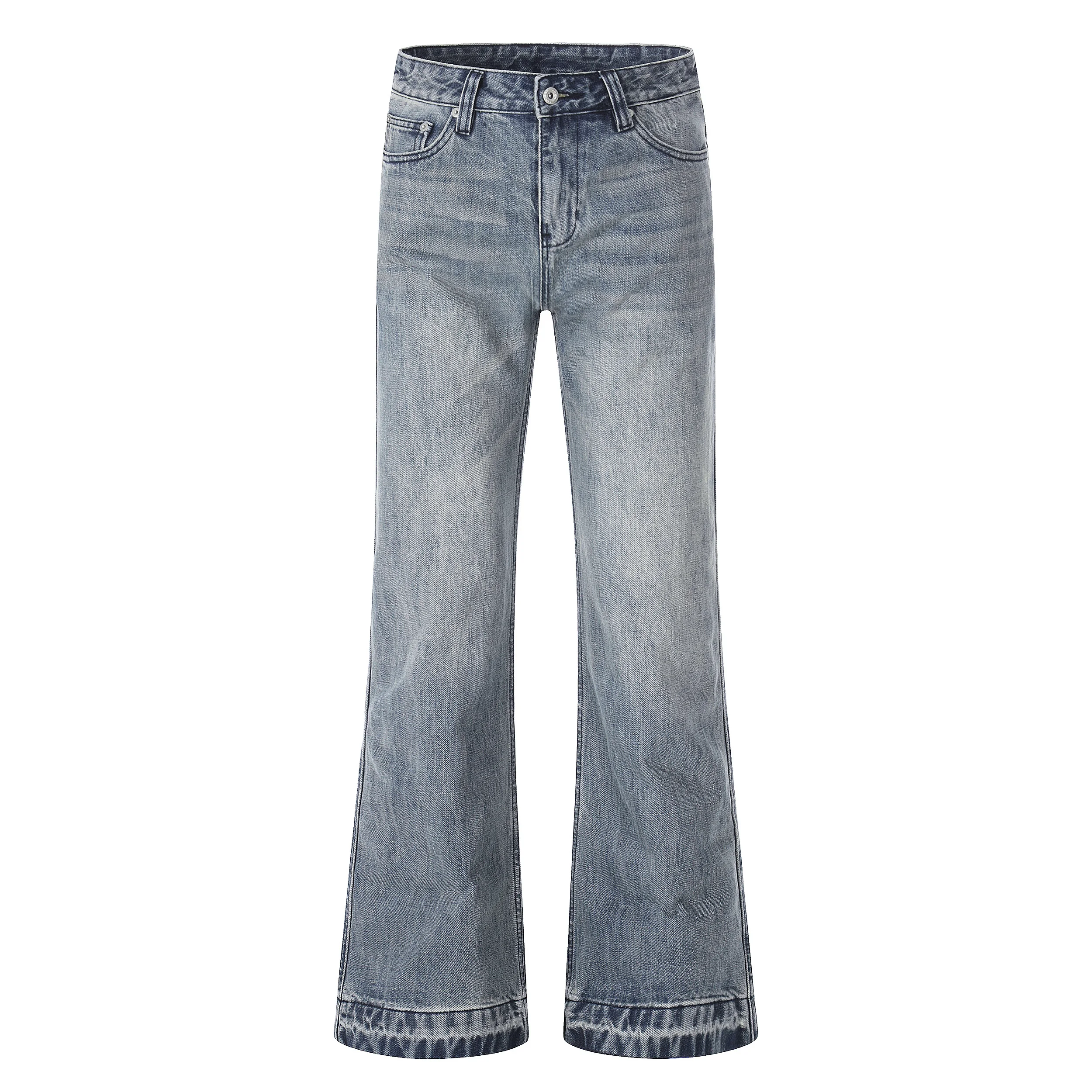 Calças Jeans Retrô Americanas Lavadas com Barra Larga, Corte Reto, Algodão, Primavera Outono, Moda Masculina, Feminina e Juvenil