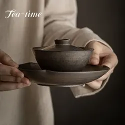 140ml Retro Rust Glaze Ceramic Tea Tureen Chinese Tea Maker Non-hot Gaiwan Handmade Coarse Pottery Tea Bowl Creative Teaware Set