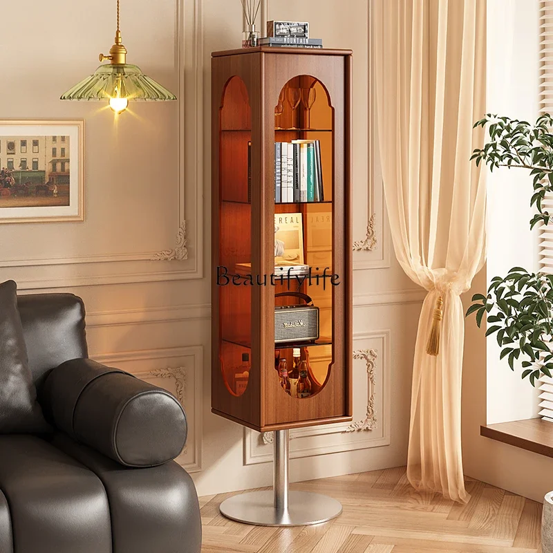 44French Retro Solid Wood Rotating Dressing Mirror Storage Rack Stainless Steel Mirror Cabinet