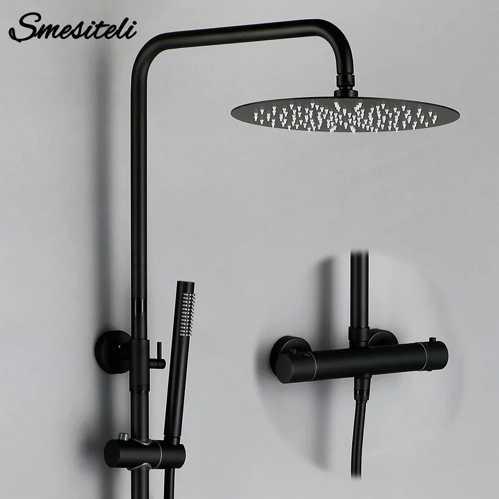 

Black Thermostatic Shower Set Mixer Tap System Built-in Bathtub Faucet With Thermostat Diverter Valve Handheld Wall Rain Head