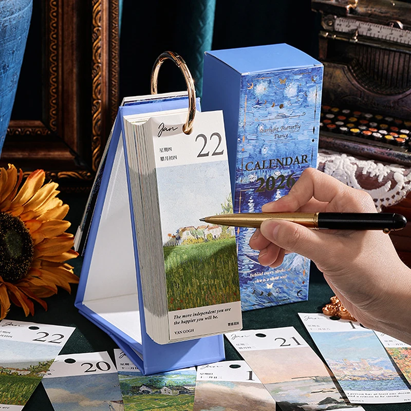 

2026 Desk Calendar Vintage Oil Painting Inspirational Quotes One-Way Page Turn Daily Planner