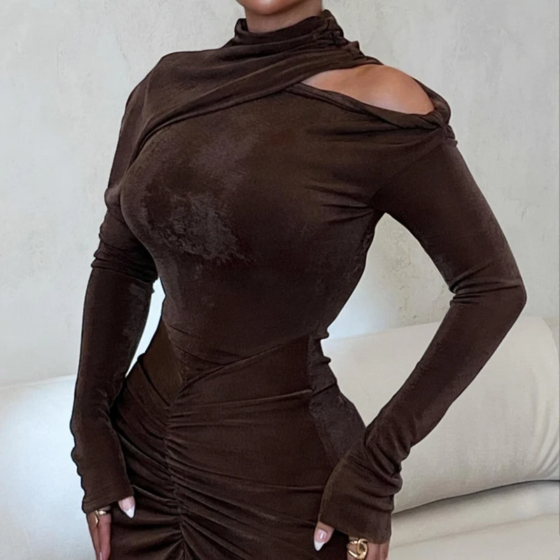 

Новое весеннее женское платье с длинным рукавом и складками, облегающее, А-силуэт, из вельвета, с завышенной талией, приталенное, для банкета, длинное, 2026