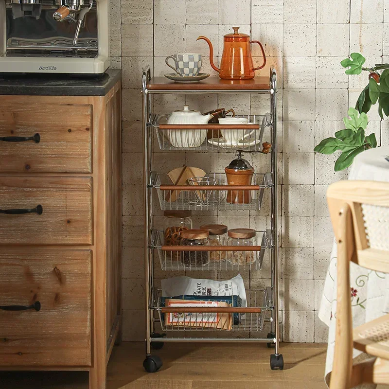 SHIMOYAMA Retro Vintage Kitchen Dining 4-Tier Rolling Utility Cart With Storage Basket