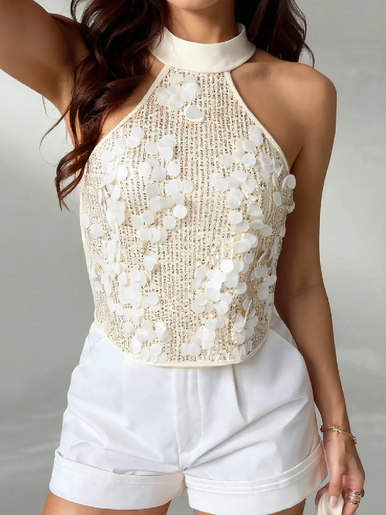 Spring Summer Women's Tank Top White Halter Neck Sequin Embellished Cropped Shiny Glamorous Party Daily Dating Top
