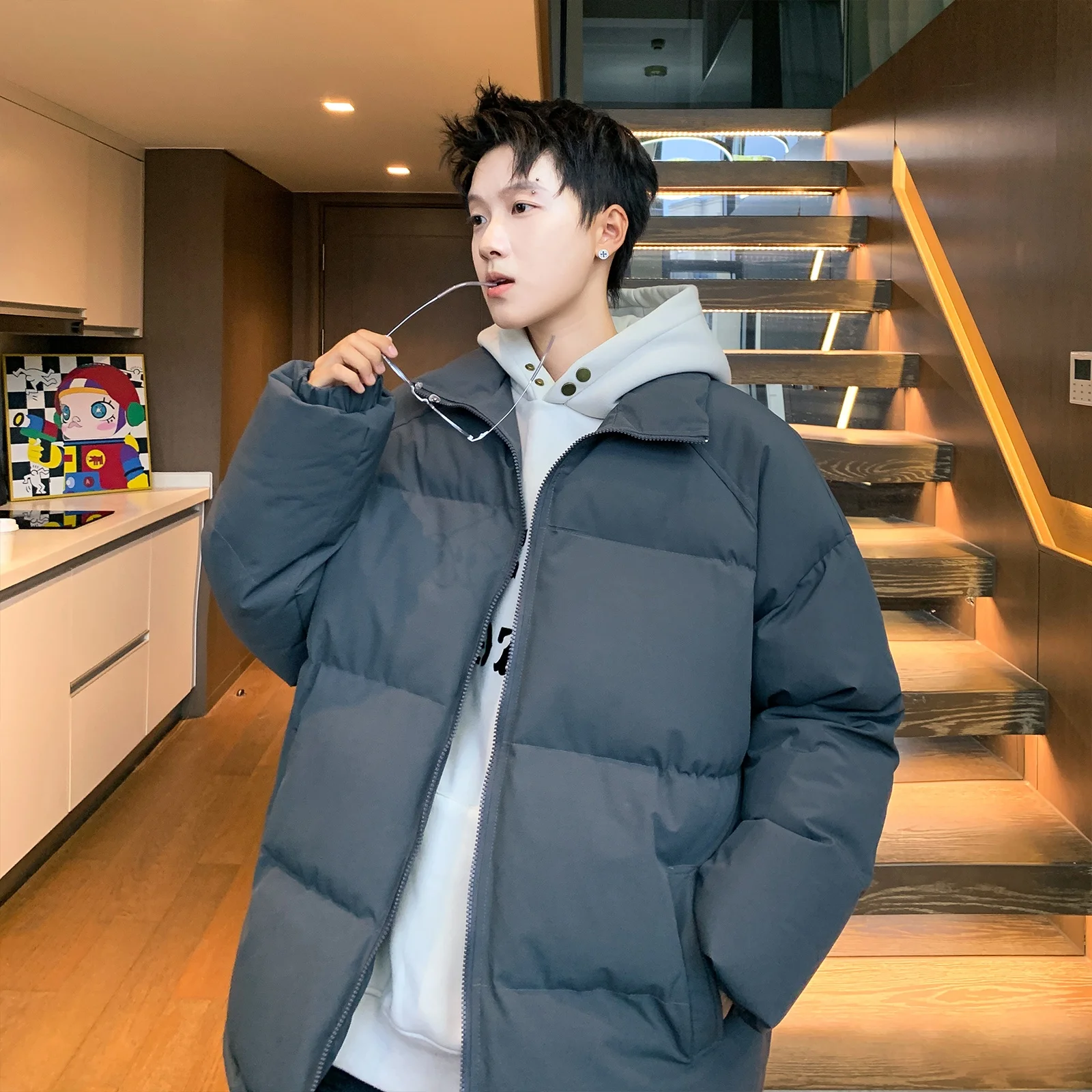 

Deep ey Stand Collar Thiened Cotton Jaet Men's Winter Faion Brand Warmth Bread Sle Large Size Winter Clothes Top