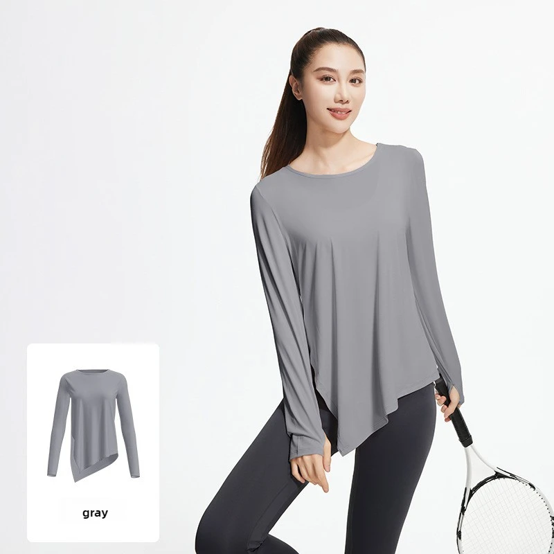 

Женский топ для йоги из ледяного шелка с разрезом подол, черный, белый, розовый, охлаждающий, дышащий, с длинным рукавом, свободная блузка для йоги, студийная одежда