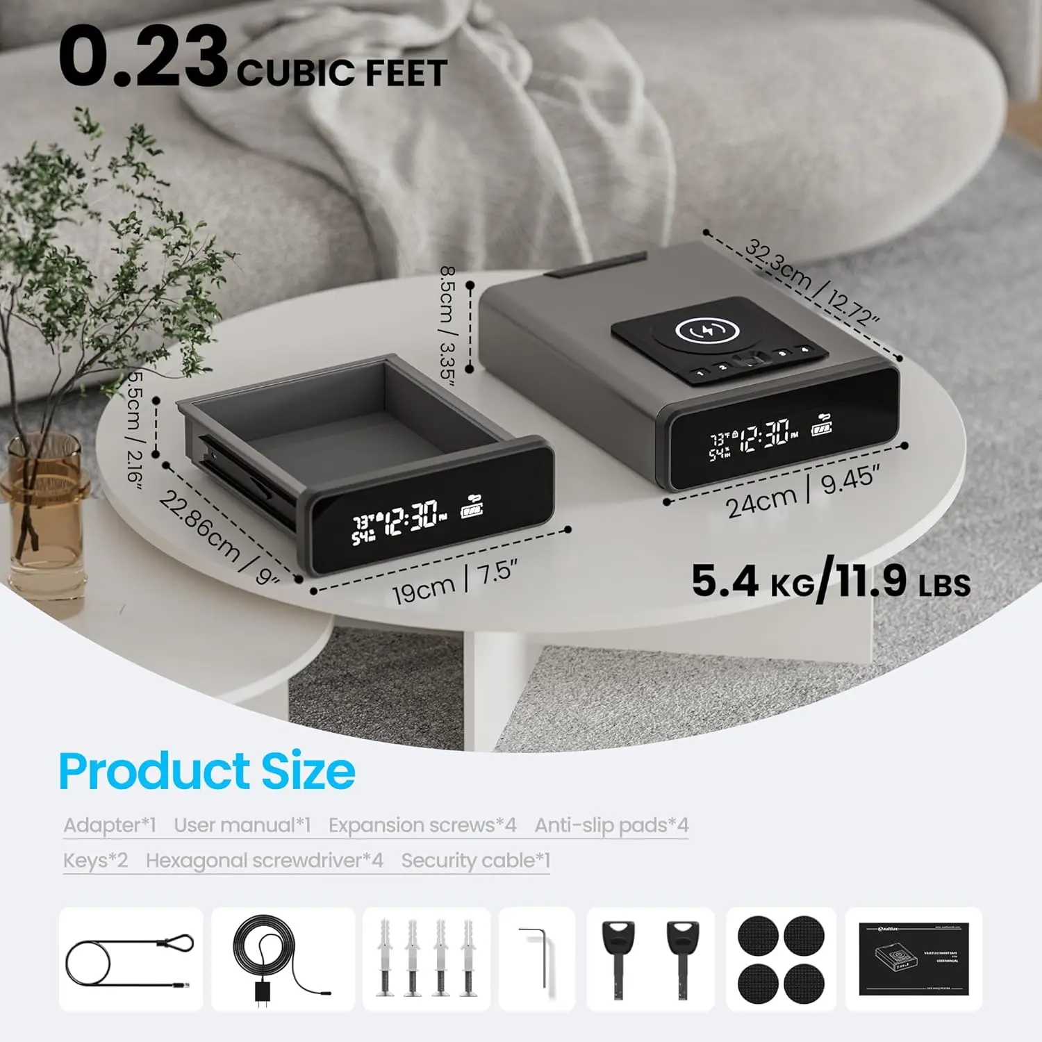 Biometric Discreet Gun Safe with 12-Hour Time Clock Display, Wireless Charging Pistol Safe for Handgun with Adjustable Brightnes