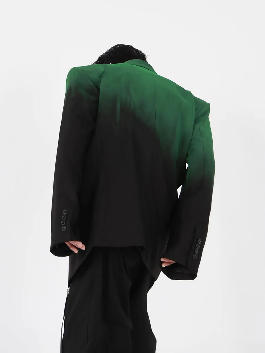High Street Blazers Men's Black Green Gradient Shoulder Padded Silhouette Suit Jacket Loose and High-end Unisex Suit