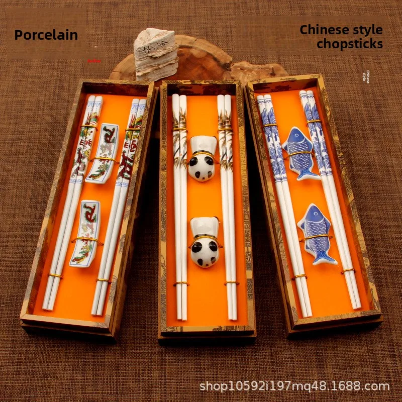 

Ceramic Chopsticks Chinese Style Solid Wooden Box Chopsticks Panda Cultural Creation China-Chic Antique Chopsticks Rack Gift Set