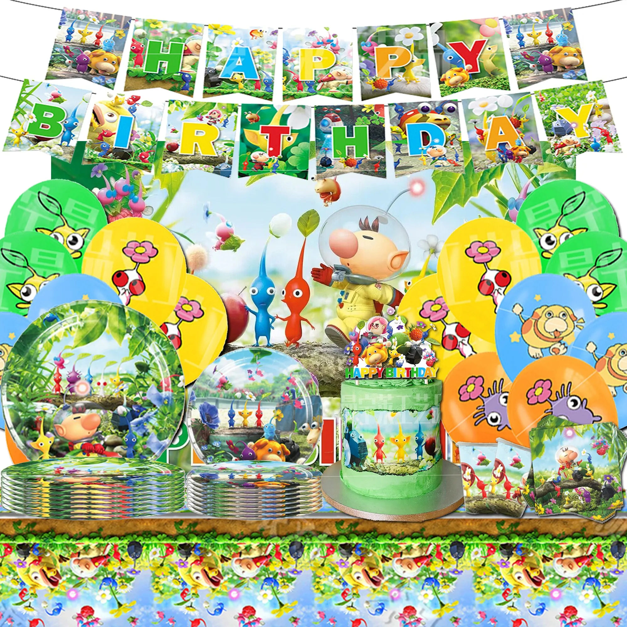 Juego popular Pikmin, conjunto decorativo para fiesta de cumpleaños, vajilla, pancarta, pastel, bandera colgante desechable, globos Pikmin, decoración de cumpleaños