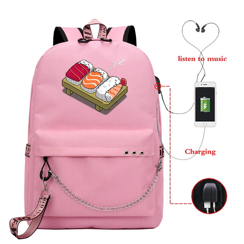 Student Backpacks Sushi Printed Girls School Backpack for Teenage Girl USB School Bag Canvas Middle Junior High College Bagpack