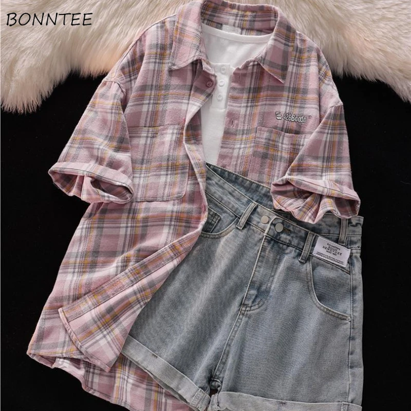 Women Sets Plaid Shirt Irregular Denim Shorts Two-piece All-match Student Korean Fashion Popular Ins Spring Summer Young Outfits