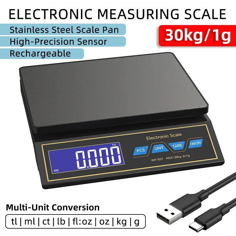 Báscula Digital de cocina de 30kg/1g, báscula electrónica para alimentos para el hogar, balanza de pesaje con pantalla LCD recargable con función de conteo