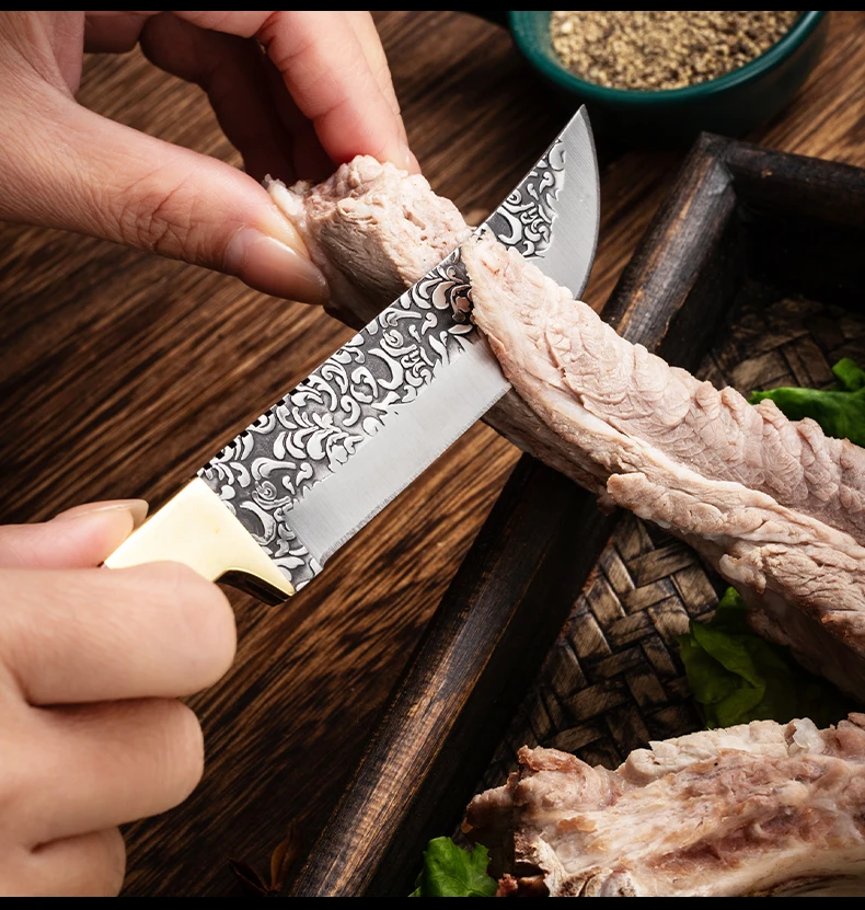 Meat Cleaver Knife with Patterned Blade - Perfect for Meat & Fruit Cutting, steak knife