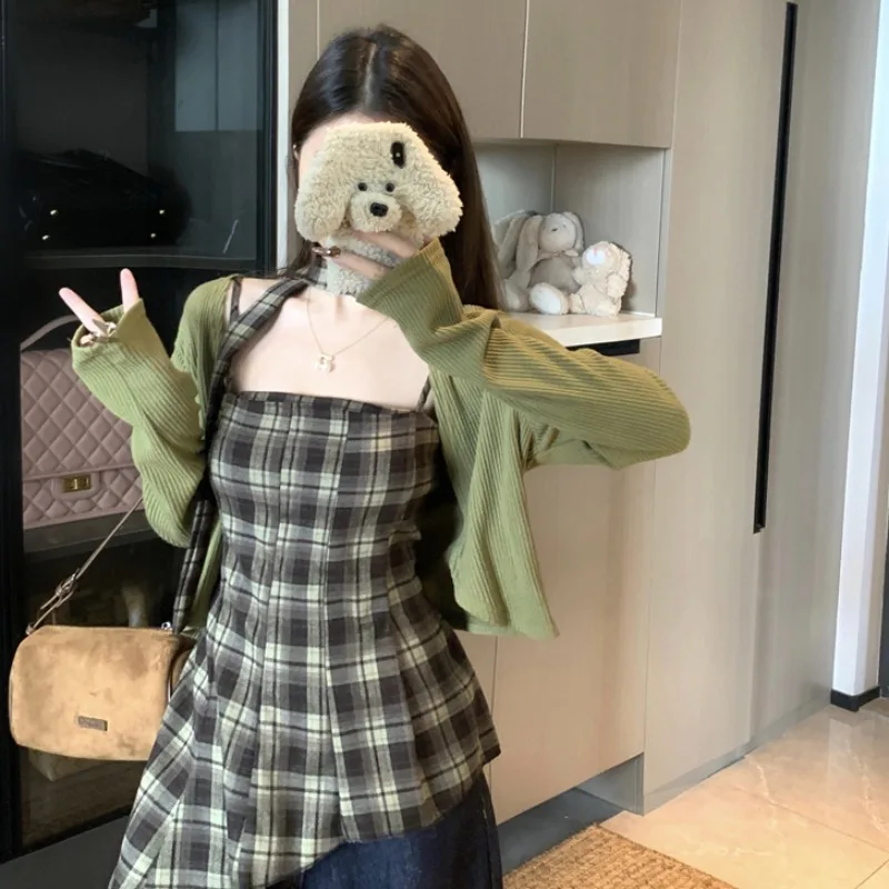 

Кардиган в стиле ретро + жилет в клетку неравномерного цвета с ремешками, комплект из двух предметов с Sa, осень 2021, Новое поступление, женская мода