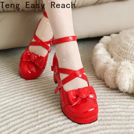 2024Women High Heels Cross Strap Mary Jane Pumps Party Wedding White Pink Black Ruffles Bow Princess Cosplay Lolita Shoes34-48