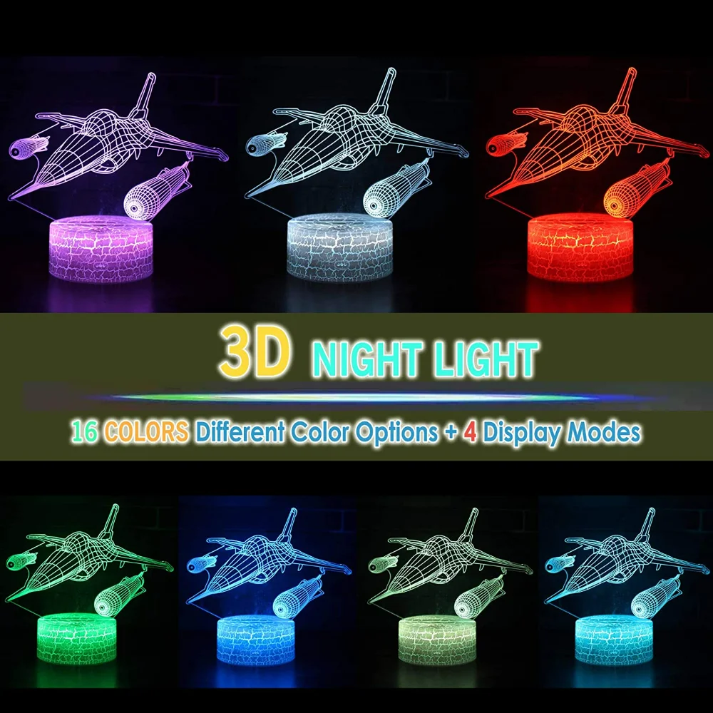 Nighdn Warcraft Fighter Jet Plane 3D Illusion Lamp Aircraft Airplane Night Light Bedroom Decor regali di natale per uomo ragazzi bambini