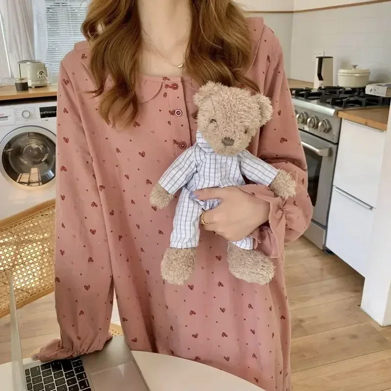 Heart Print Nightgown Sleepwear Womens Korean Style Ruffles Night Dress One Piece Pajamas Autumn Long Sleeve Home Wear New In