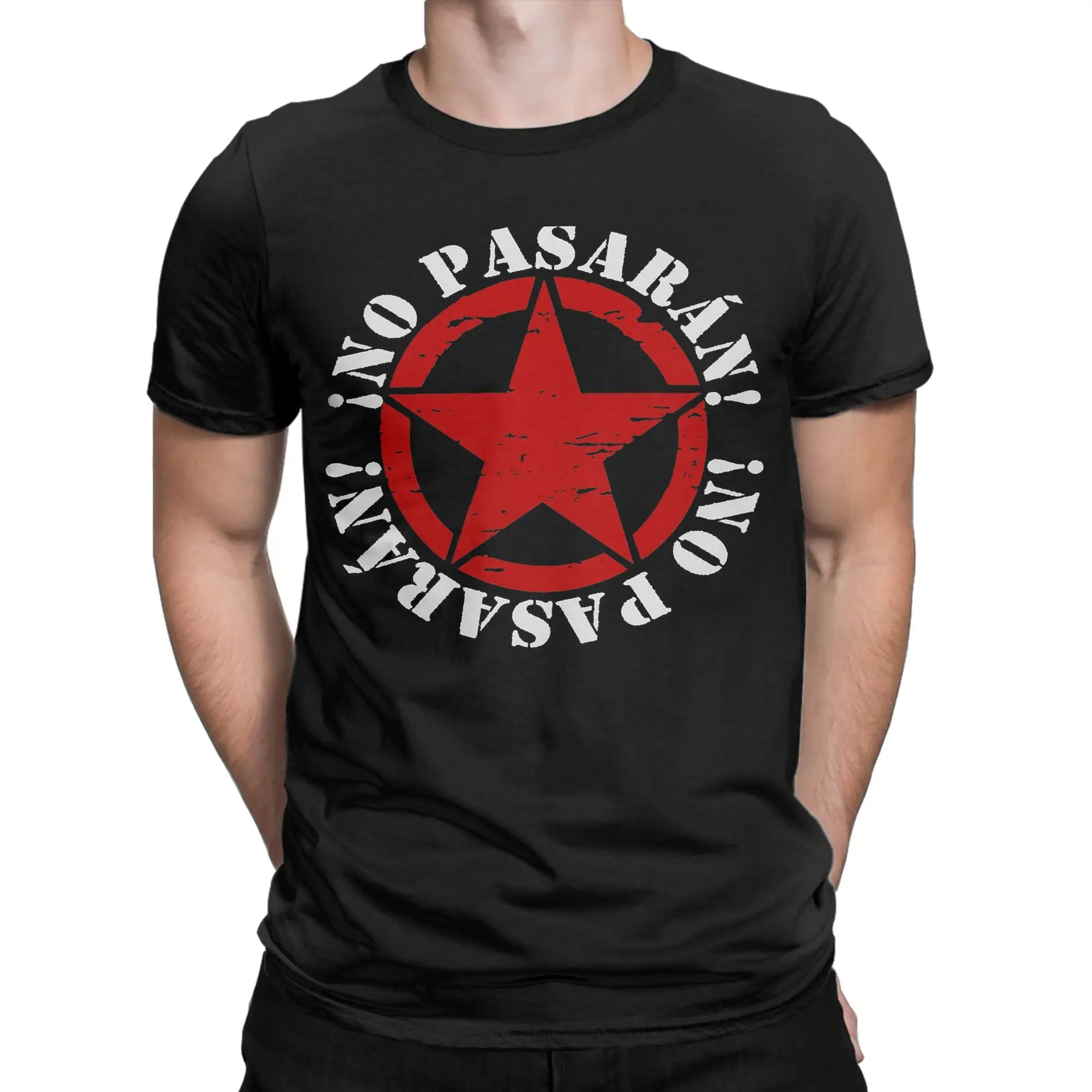 Red Star No Pasaran Tshirts Men's 100%Cotton Tops Shirts Novelty  Round Neck Short Sleeve