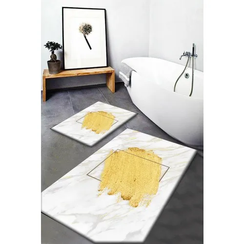 Else Carpet Else Yellow Brush Pattern Washable Anti-Slip Soles 2li Bath Mat Doormat Toilet Seat Pad