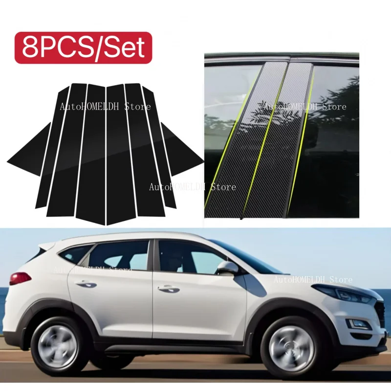 

8PCS Fit For Hyundai Tucson 2016 - 2021 Silver Carbon Glossy Black Pillar Post Window Door Cover Trim Decoration Stickers