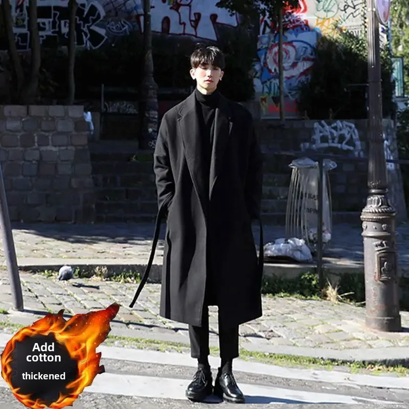 Autumn Winter Men's Long Knee-length Woolen Jacket Medium-length Thickened Cotton Overcoat Trendy Korean Style