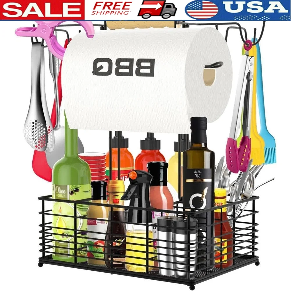 

Grill Caddy BBQ Caddy Outdoor Camping Accessories BBQ Grill Organizer with Hooks Camping Essentials Outdoor Kitchen Storage