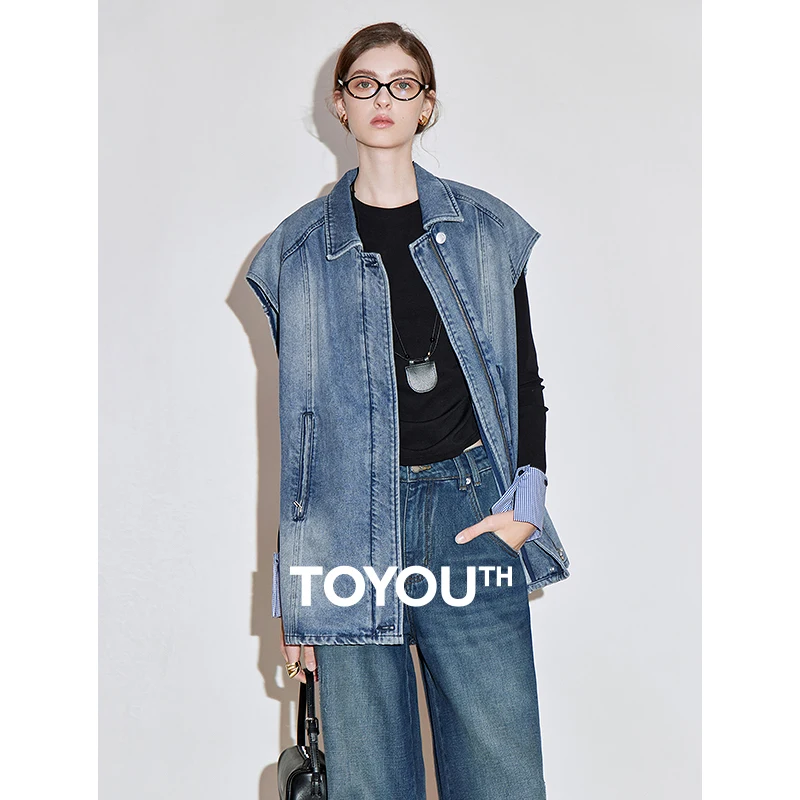 TOYOUTH Women Cowboy Jacket 2025 Spring New Acetate POLO Collar Sleeveless Retro Boyfriends Tops