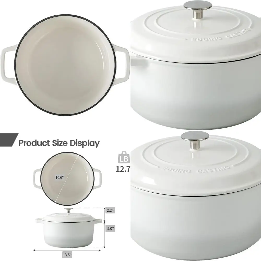 

White 6-Quart Round Enamel Cast Iron Dutch Oven with Lid for Sourdough Bread Baking