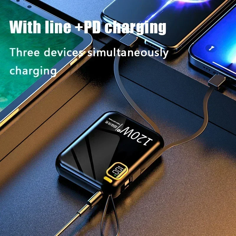 120W Mini Power Bank 100000mAh Fast Charging Power Bank Portable External Battery With 2in1 Wire for iPhone 13 14 15 and Xiaomi