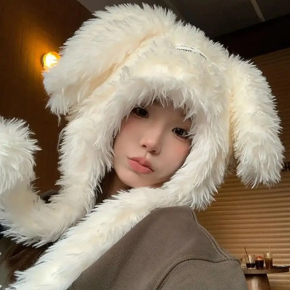 Funny Long Rabbit Ears Fuzzy Bunny Hat Keep Warm Cute Women's Plush Caps Windproof Soft Winter Beanies Hats Party Photography