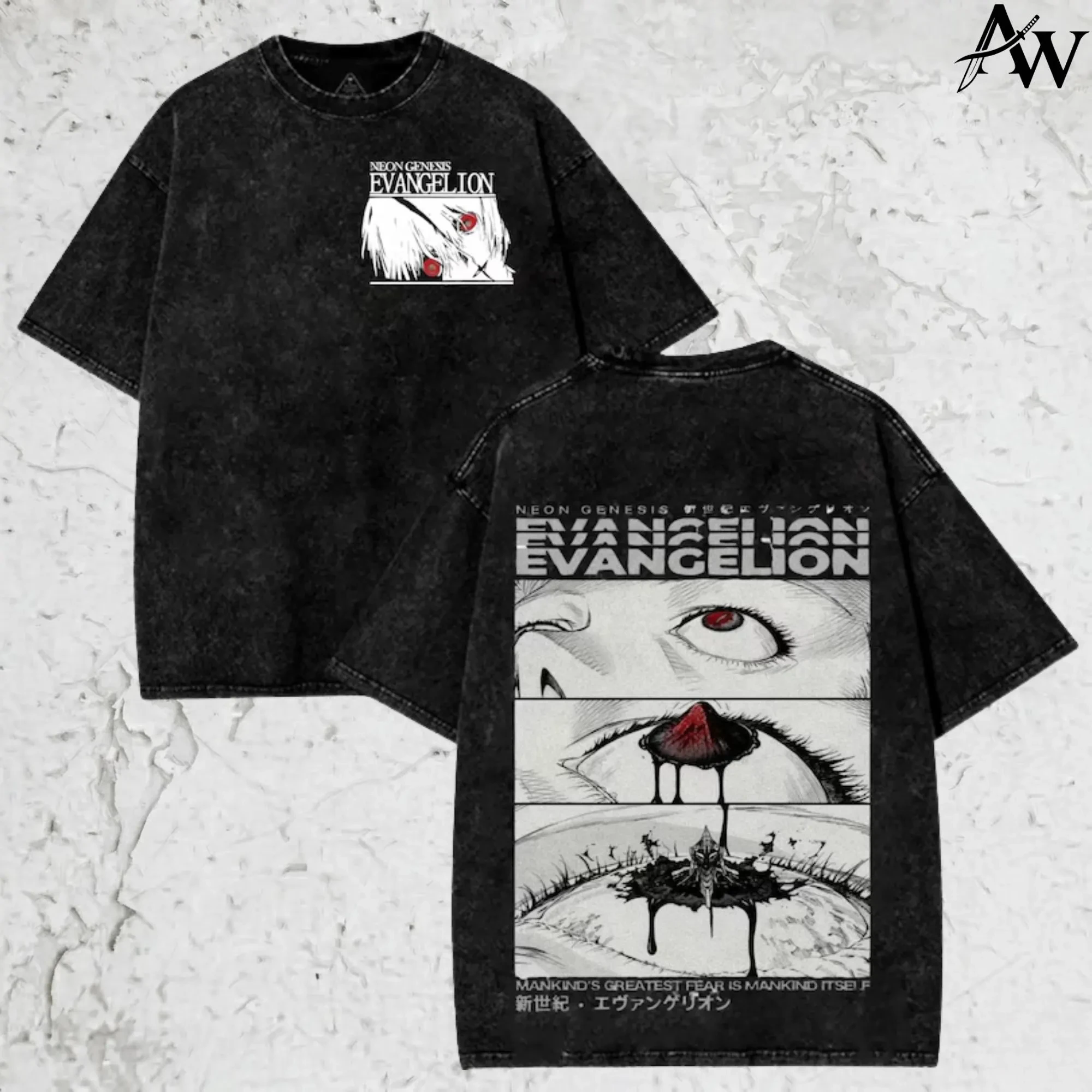Neon Genesis Evangelion Anime Graphic T-Shirt Unisex Washed Black Harajuku Streetwear