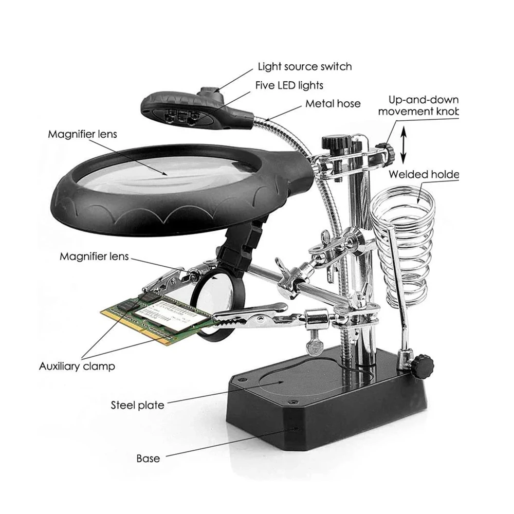 KATWAY  Hand Soldering Iron Holder Stand Station, 3In1 LED Light Magnifying Glass Welding Loupe Auxiliary Clip Magnifier HH-AA82