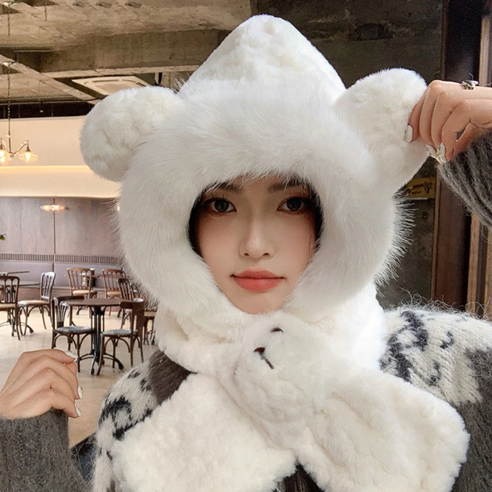 HT4537 Thick Warm Winter Hat with Scarf Soft Fleece Fur Hat Scarf Set Lady Cute Ear Snow Ski Earflap Cap Female Winter Accessory