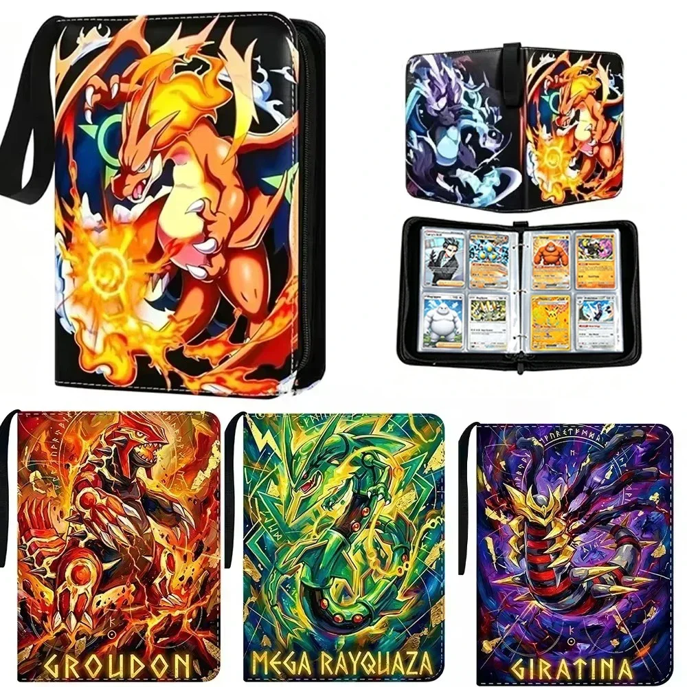 HOT 4-Grid Pokémon Character Groudon Charizard ocket Card Binder Album Trading Card Album Zipper Holder 400 Slots Collection Gif