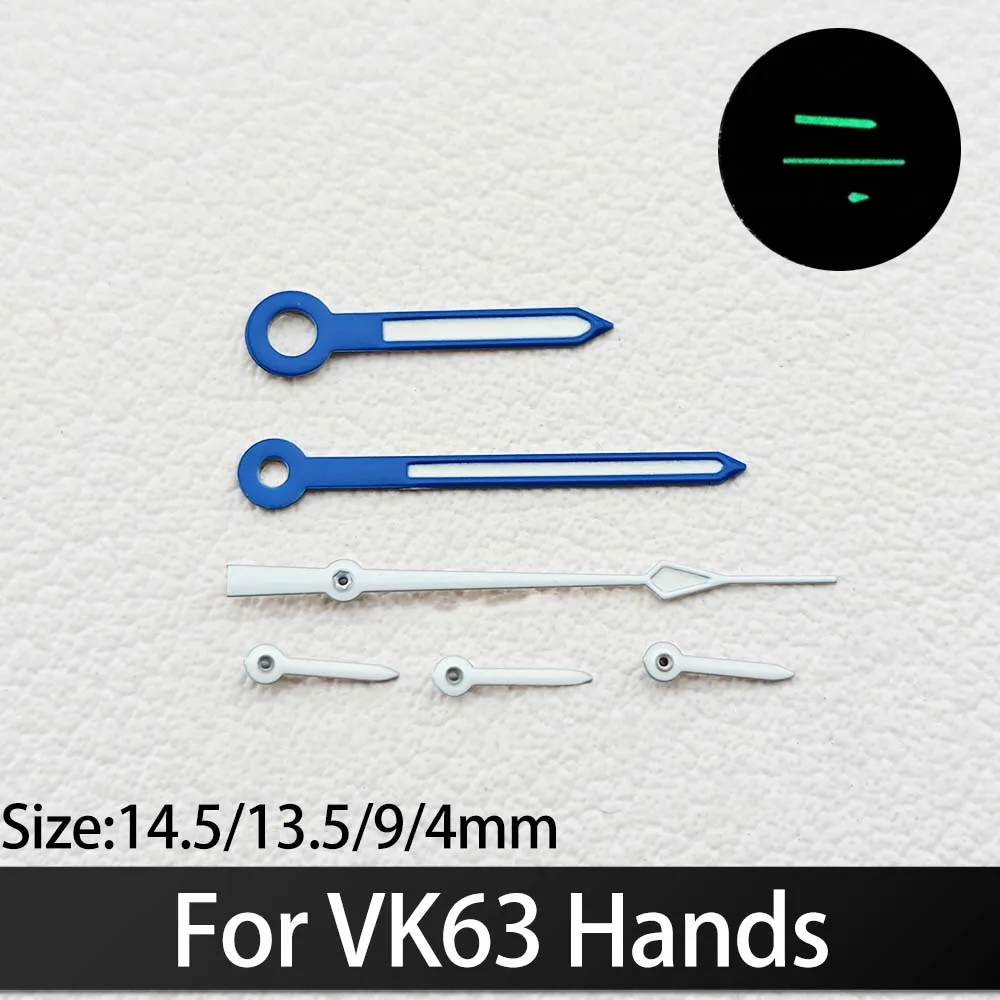 For VK63 Hands C3 Green Luminous 6-Hands Size 14.5/13.5/9/4mm VK63 Hands Orange ,White, Blue, Silver, Gold Watch Hands