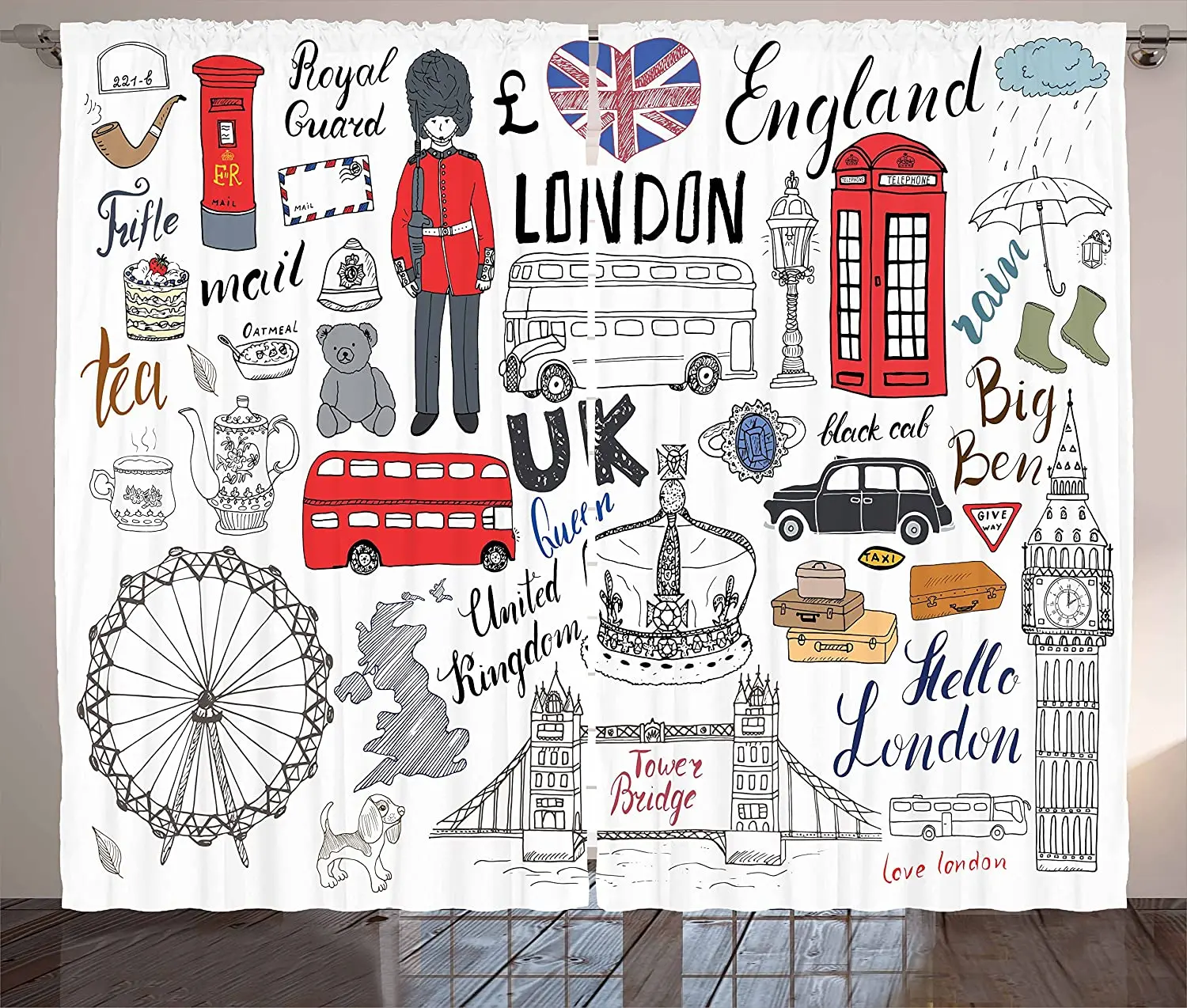 Hipster Curtains for Living Room I Love London Double Decker Bus Telephone Crown of United Kingdom Big Ben Window Drapes