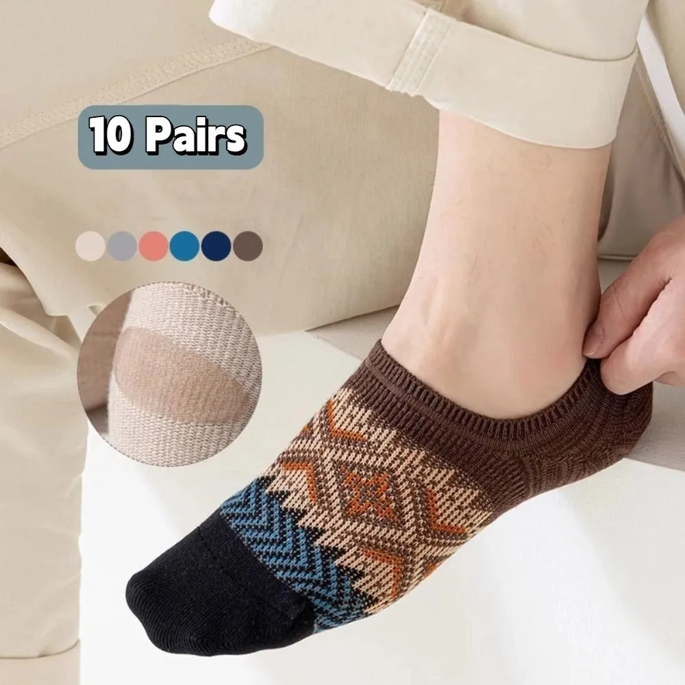 

10Pairs Grid Retro Boat Socks Ethnic Style Short Tube Patchwork Low-calf Socks Hosiery Breathable Invisible Socks Female