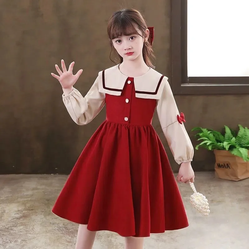 2024 Children Clothes winter Autumn Girls camisole party Dress patchwork Kids mesh lace Long Sleeves braces skirt 8 9 10 12 year