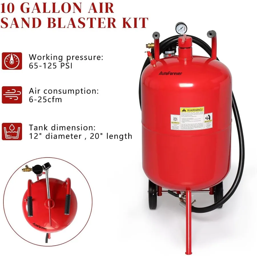 AutoForever 10ガロンポットサンドブラストマシン125 PSI高圧エアサンドブラストキット（セラミックノズル4個付き）ポータブル研磨剤