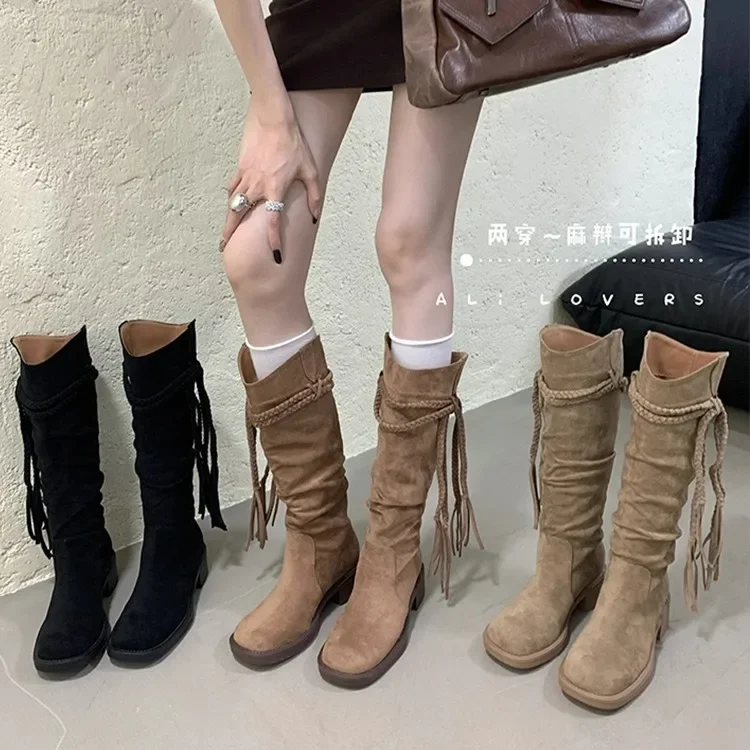 

Women's Tassel Long Boots Knight Boots Retro Wasteland Style Chunky Heel Over-the-Knee Long Boots High Tube Boots