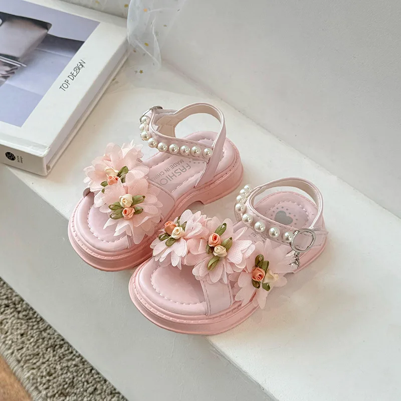 Summer Princess Breathable Non-Slip Sandals Flat Beach Soft Shoes for Kids Children\'s Girls Fashion Flower Pearl Sandals