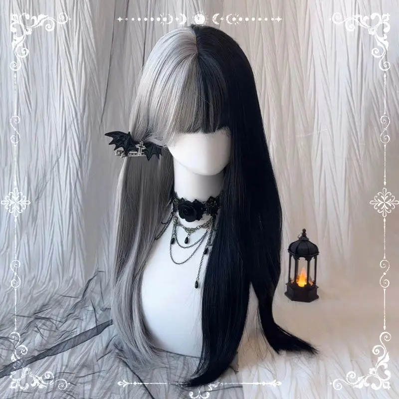 

Черно-белый парик для косплея Инь Ян - готические длинные прямые волосы, полный парик в стиле Y2K для Хэллоуина, аксессуары для костюмов аниме