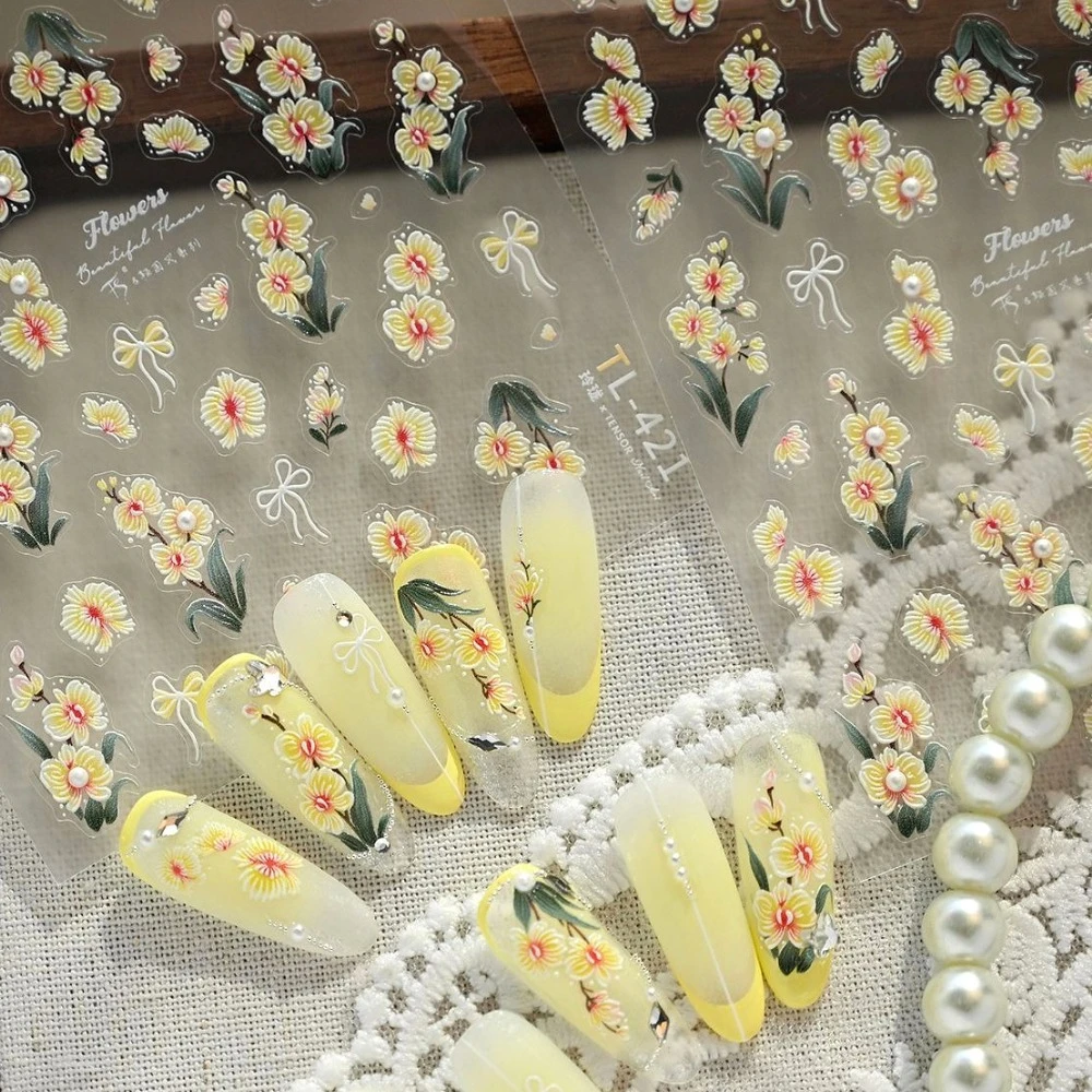 

Yellow Phalaenopsis Orchid Bowknot Fall 5D Embossed Self Adhesive Nail Art Stickers Flowers Chinese Style 3D Manicure Decals